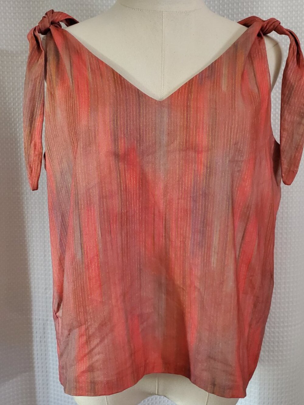 Handmade Vintage Boho Tie Shoulder Top Blouse Pink Orange Gold Metallic Stripe